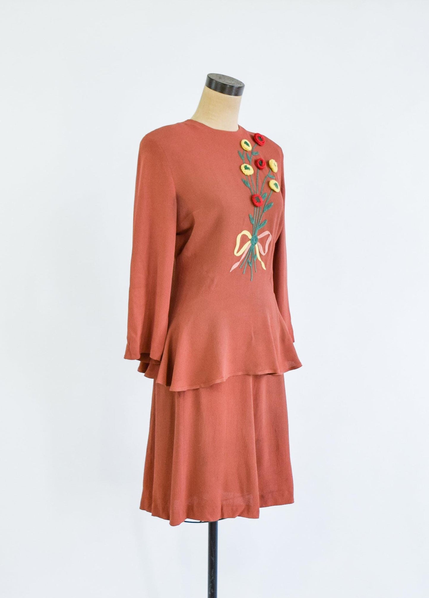 1940s Brown Embroidered Top & Skirt Set, Small