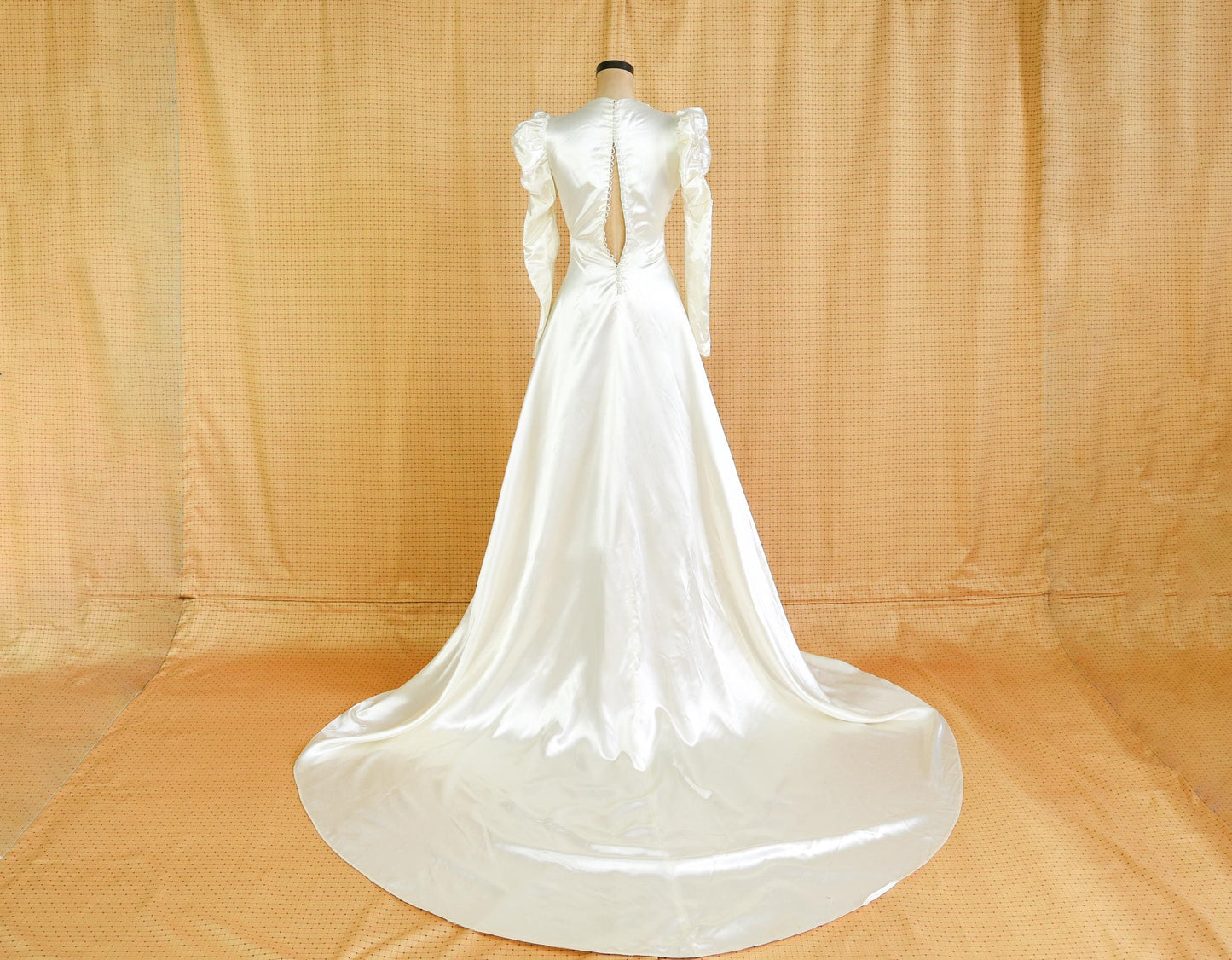 1930s Ivory Satin Long Wedding Dress with Heart Sleeves, Extra Small