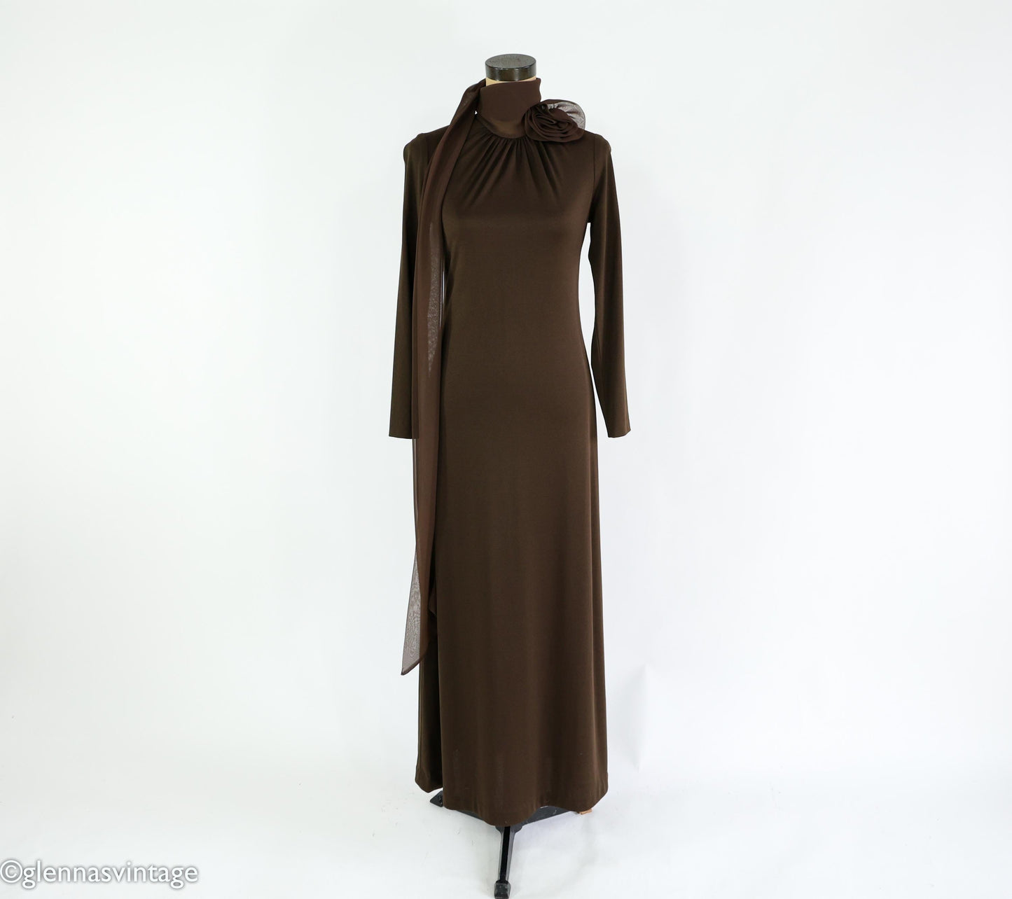 1970s Brown Maxi Dress | Chiffon Collar Evening Gown, Medium