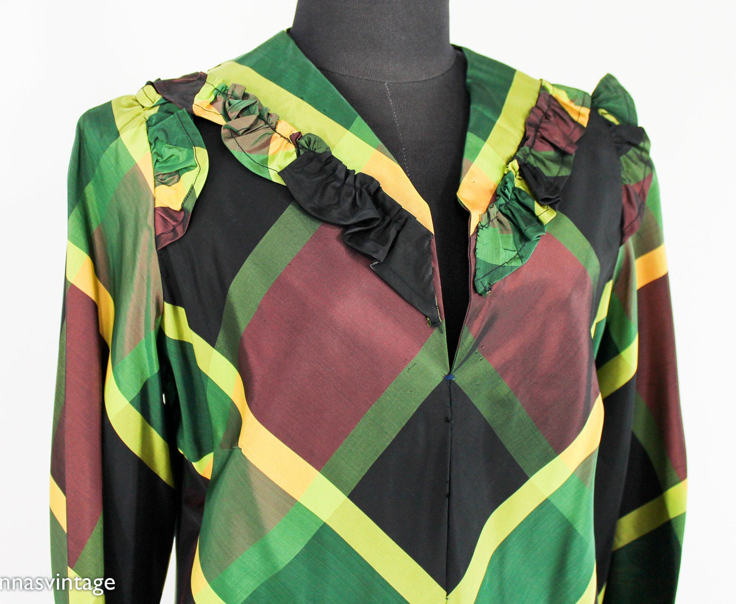 1940s Green Plaid Hostess Dress | 40s Green Chevron Striped Taffeta Dress |  Medium