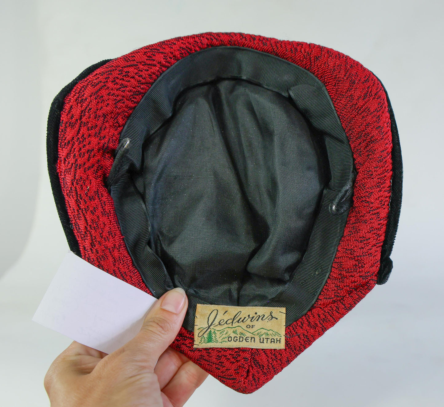1940s Vintage Red Knit Fascinator, Red Saucer Hat with Black Velvet Tie