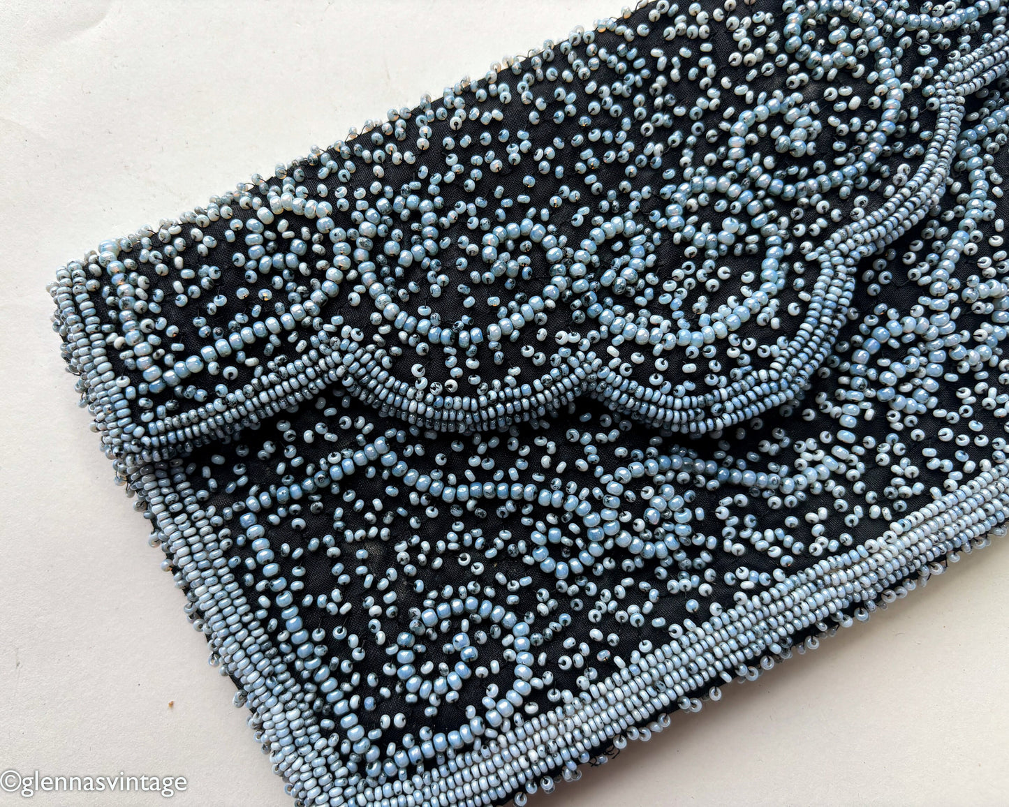 1950s Black & Blue Beaded Clutch | 50s Pale Blue Seed Bead Clutch