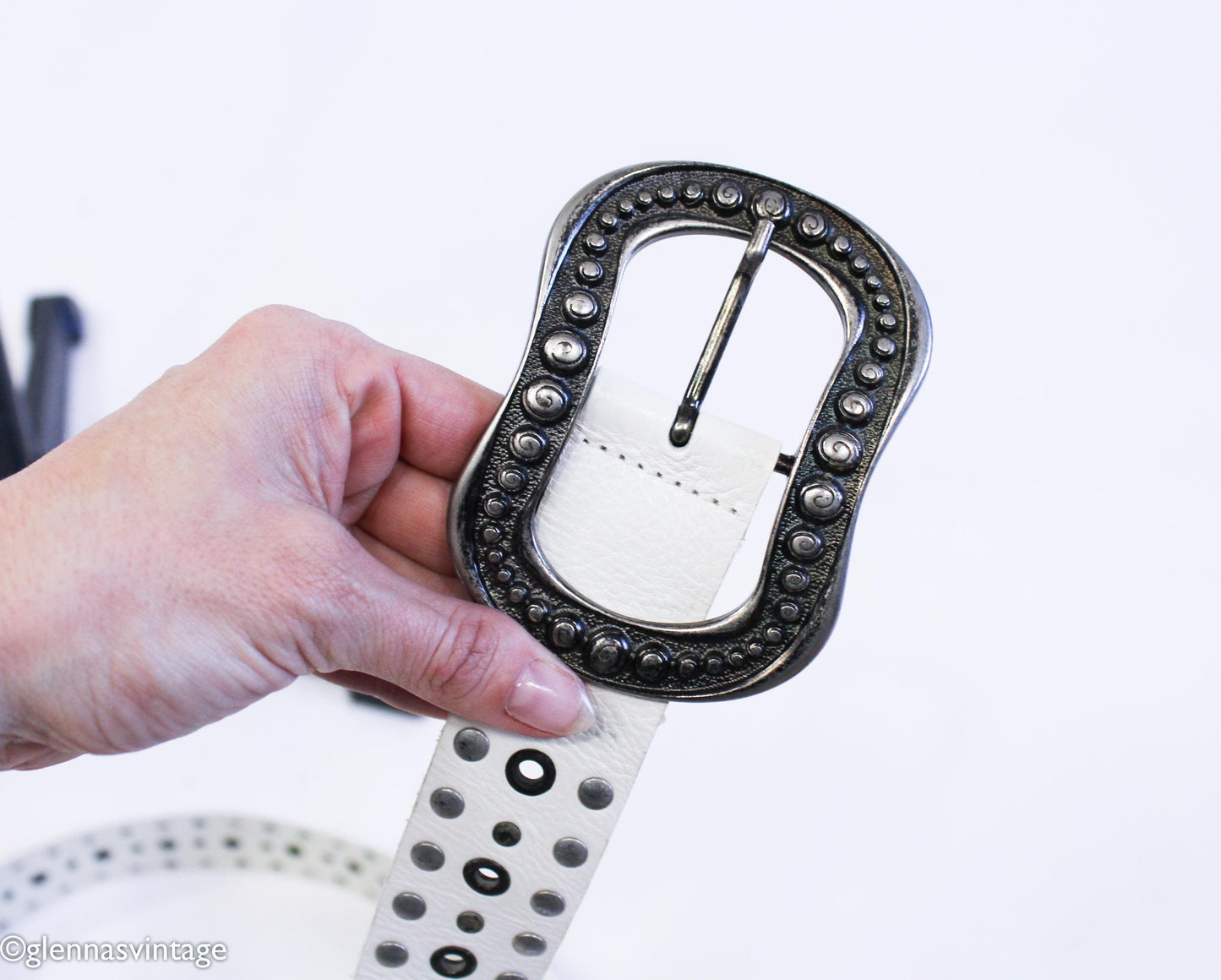 1980s White Leather Rivet Belt with Silver Buckle, Medium