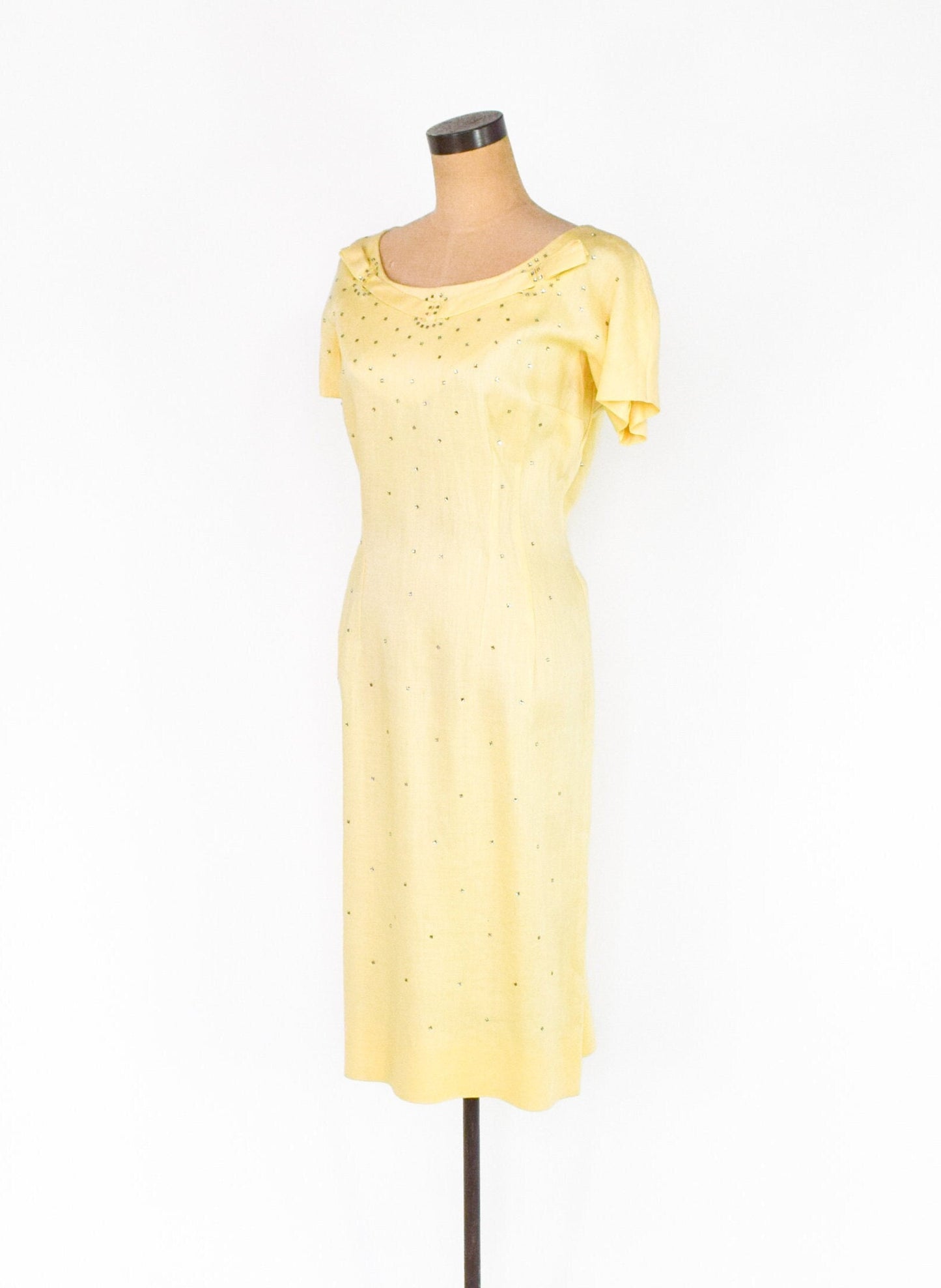 1950s Yellow Linen Sheath | 50s Yellow Cocktail Dress, Large