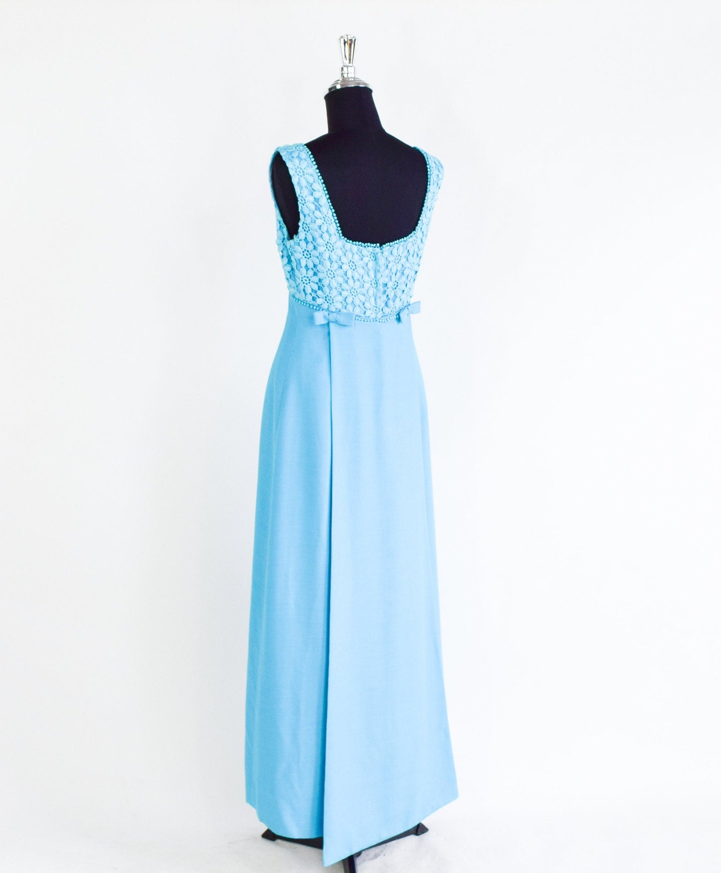 1960s Turquoise Blue Prom Dress | 60s Cotton Flower Lace Top Maxi Dress | XS