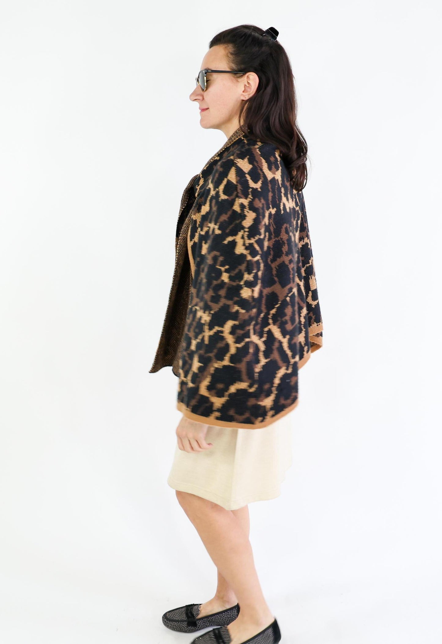 2000s Animal Print Sweater Cape | Brown Knit Shrug | Betsey Johnson, One Size