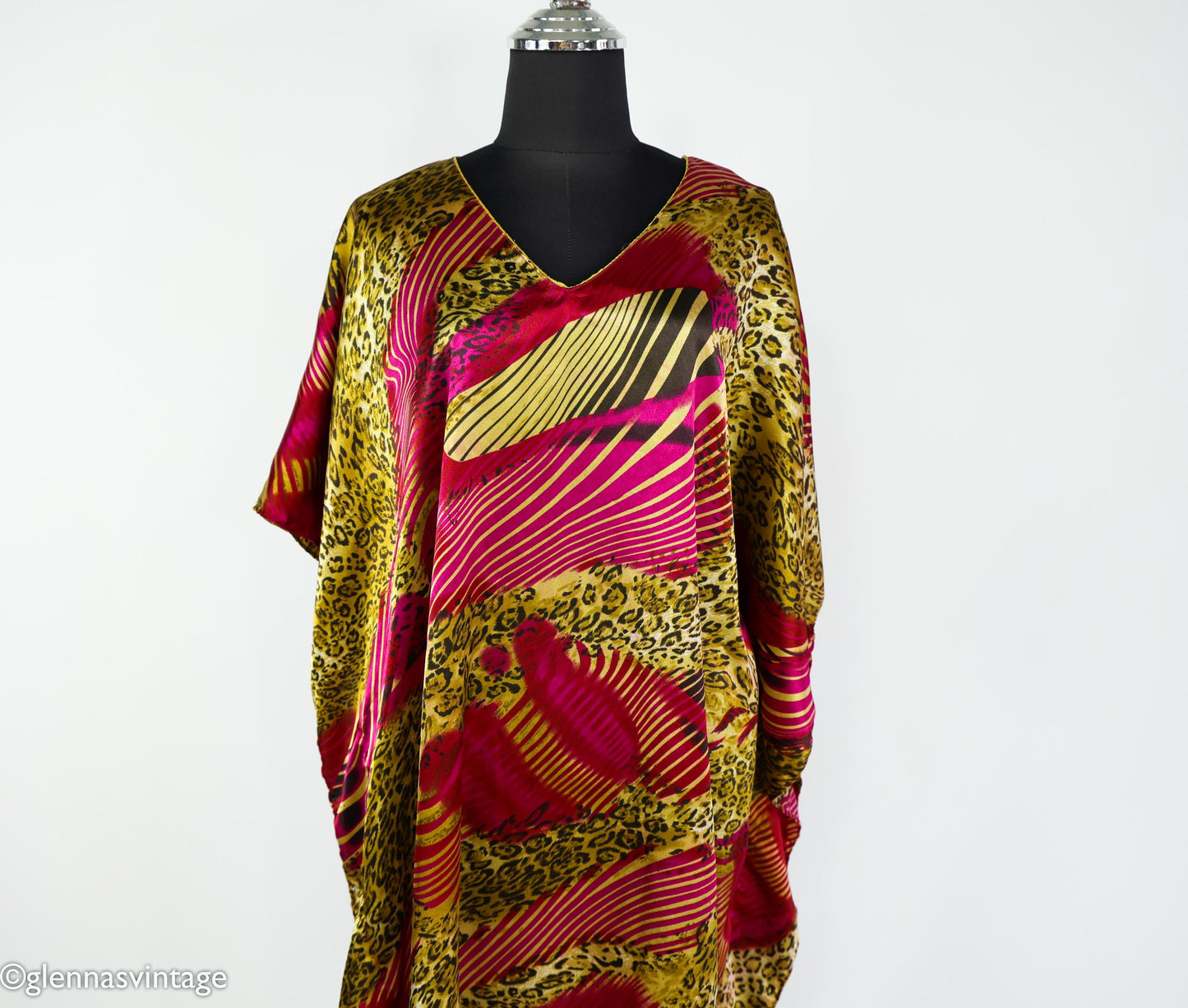 1990s Animal Print Caftan, Burgundy Pink Gold, Plus Size Silk Blend