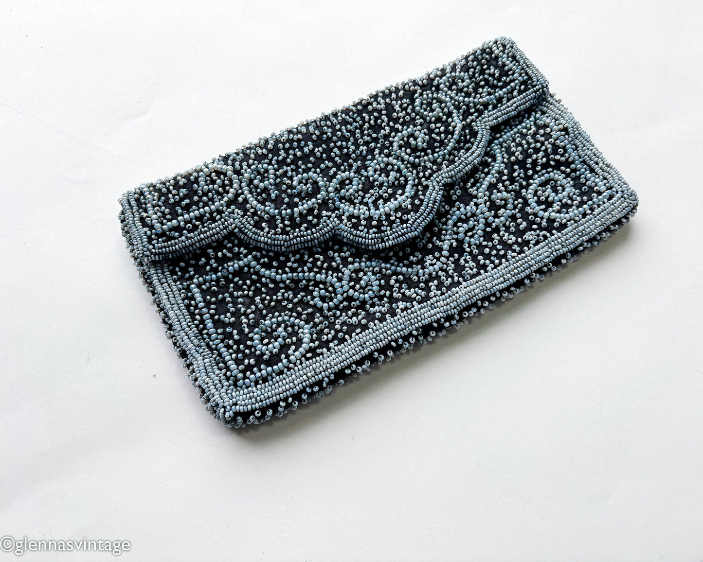 1950s Black & Blue Beaded Clutch | 50s Pale Blue Seed Bead Clutch
