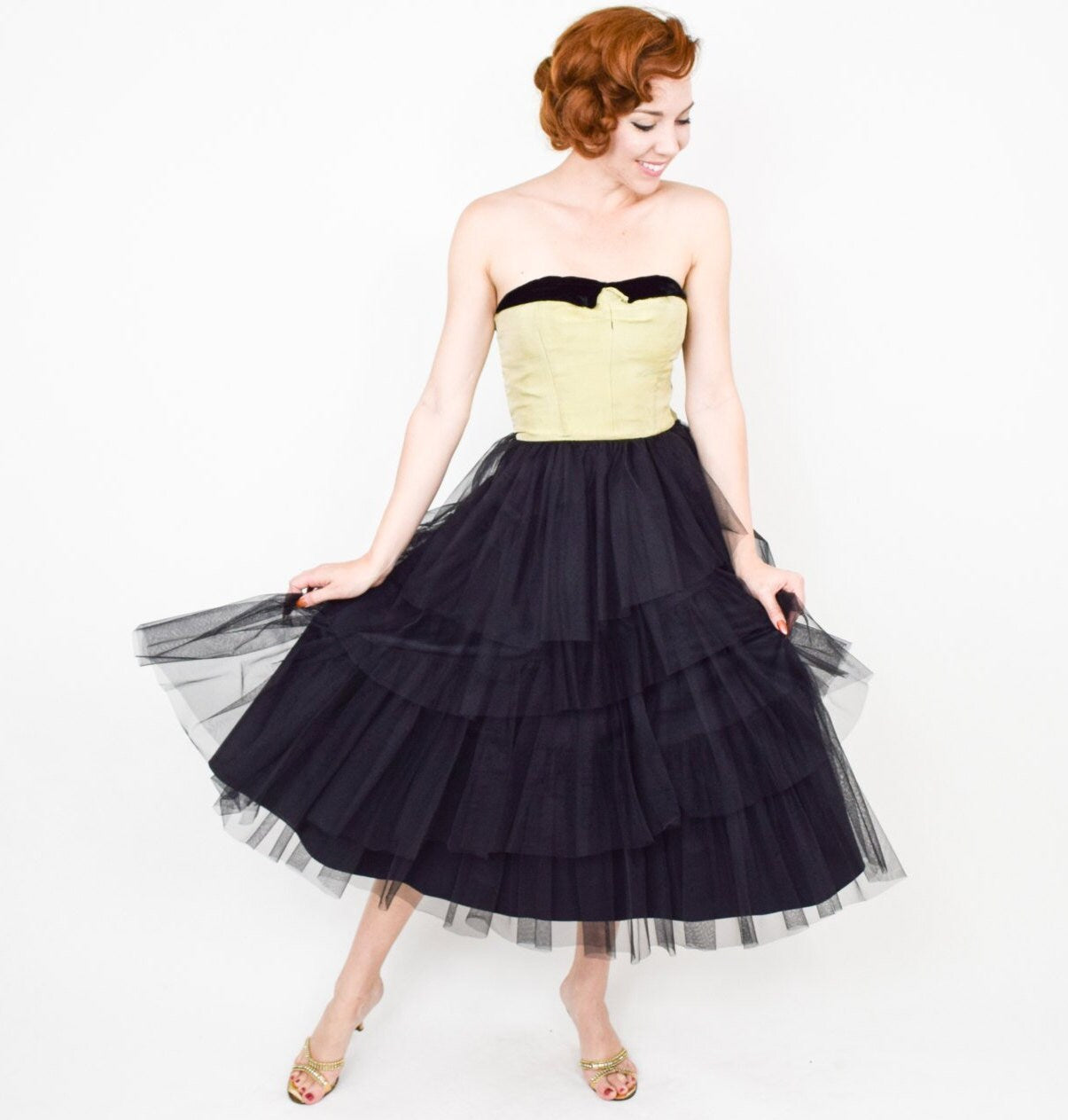 1940s Black Strapless Formal Dress | 40s Black Tulle & Gold Silk Party Dress | Strapless Evening Dress | Extra Small