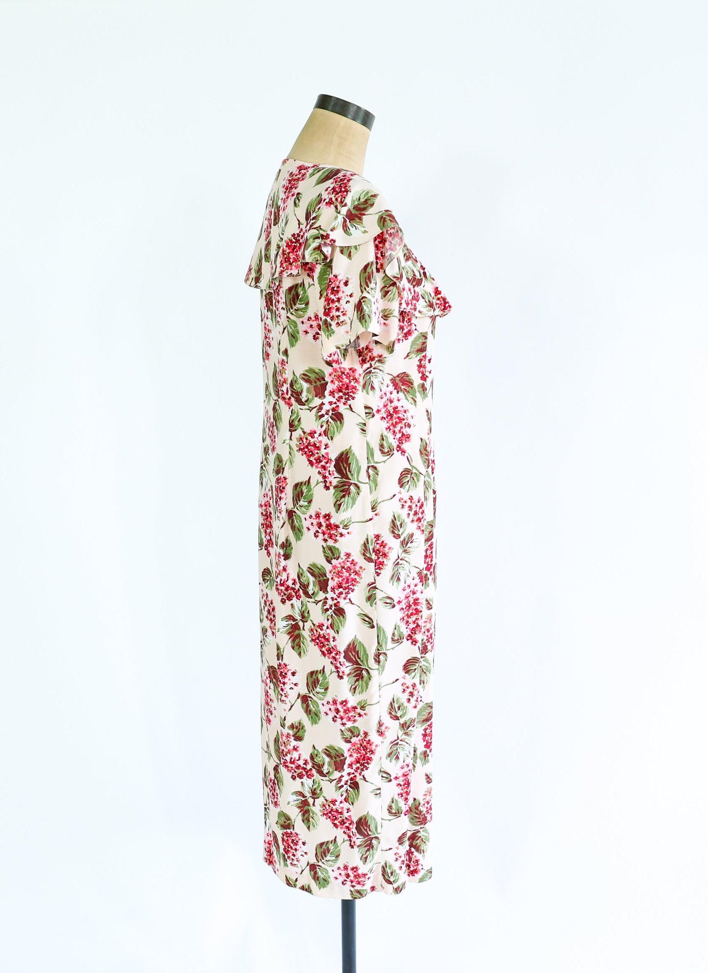 1980s Creme & Pink Floral Print Dress, Size 8 Medium