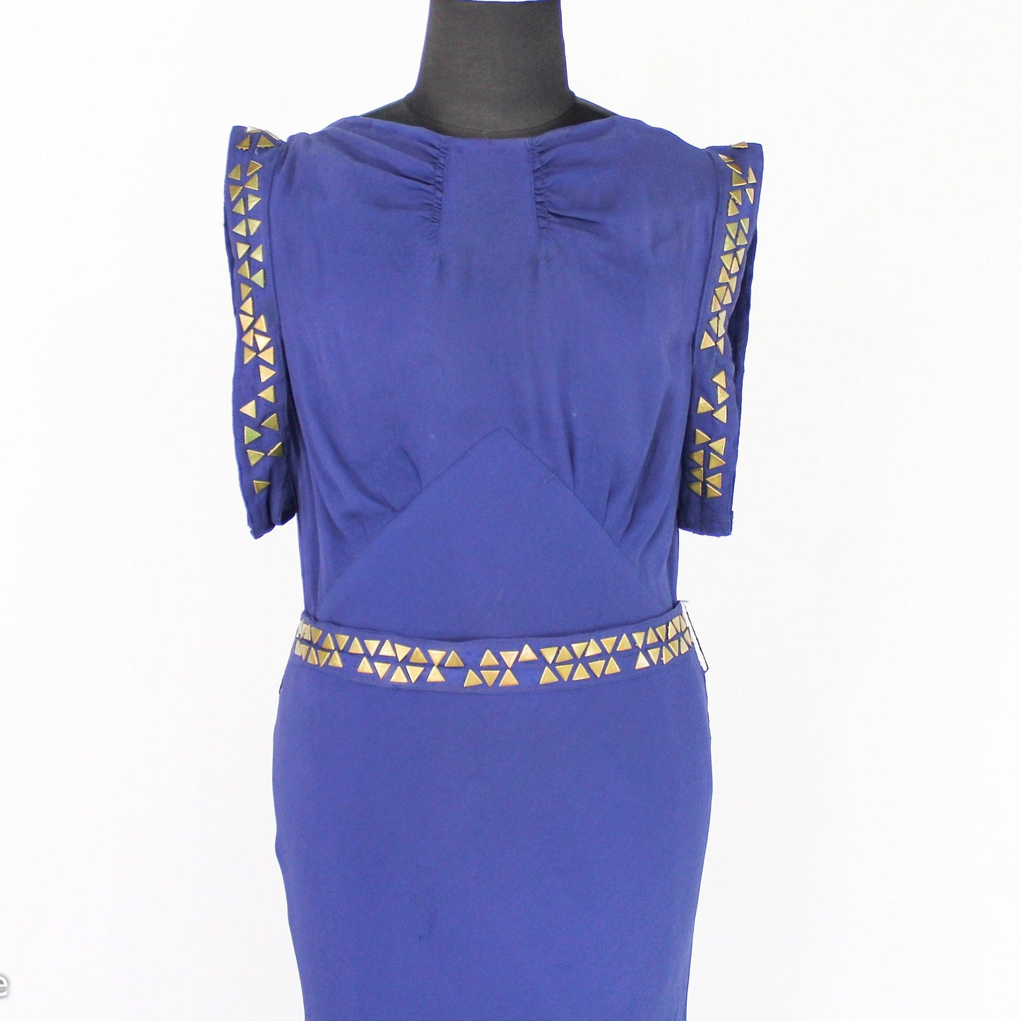 1930s Violet Purple Crepe Evening Dress, Grecian Style Brass Studded Gown, Medium