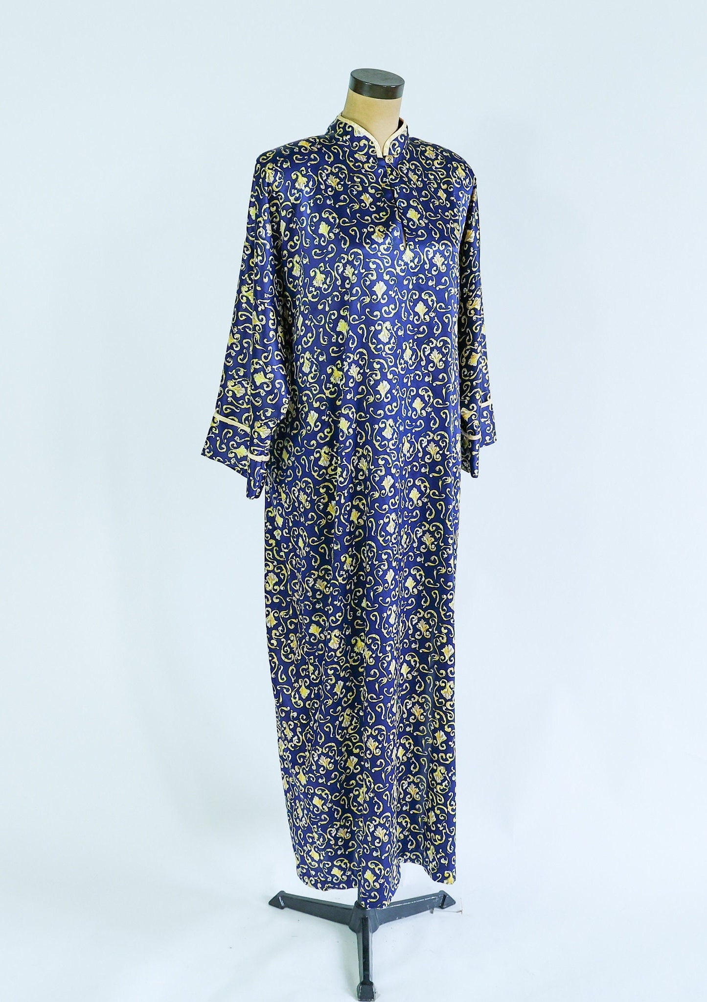 1980s Navy Satin Print Caftan | Mary McFadden | XL