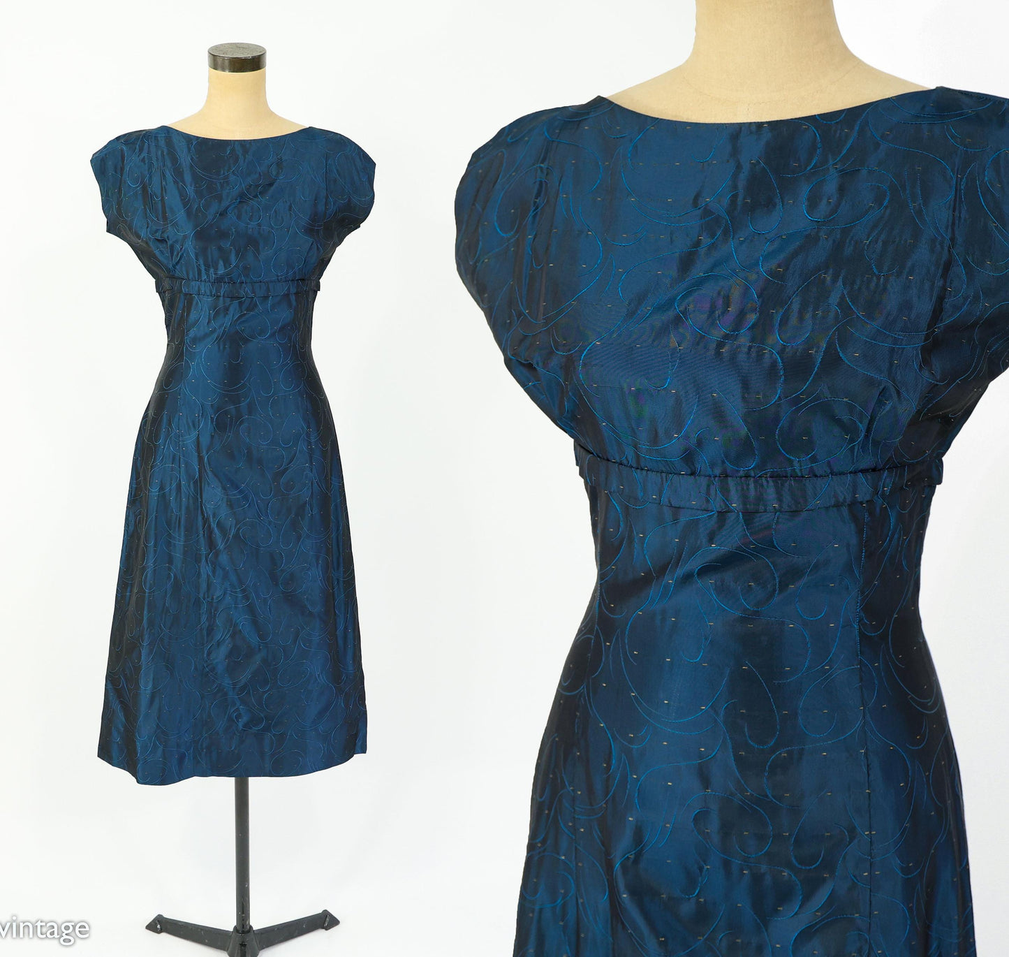1950s Navy Taffeta Cocktail Dress, Medium