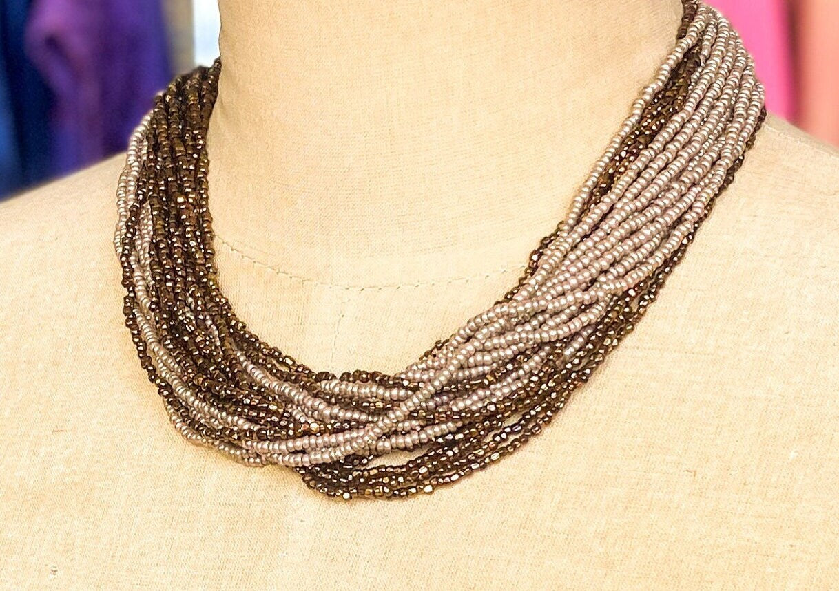 1940s Coper & Bronze Seed Beaded Necklace