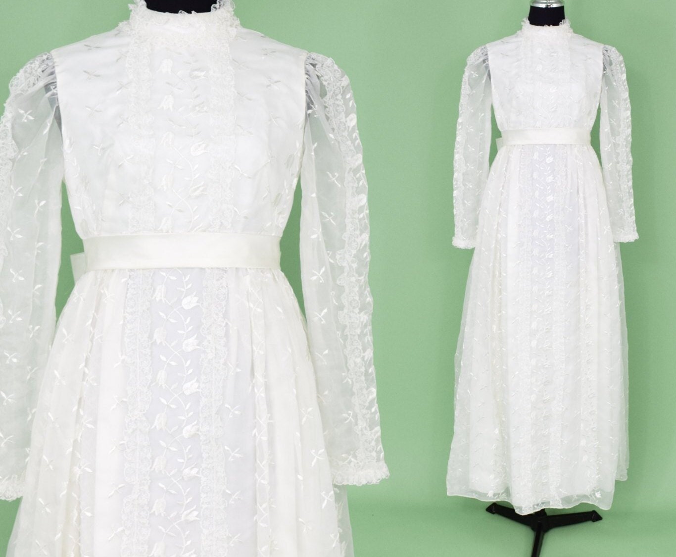 1960s White Lace Bridal Gown, Wedding Dress, Small