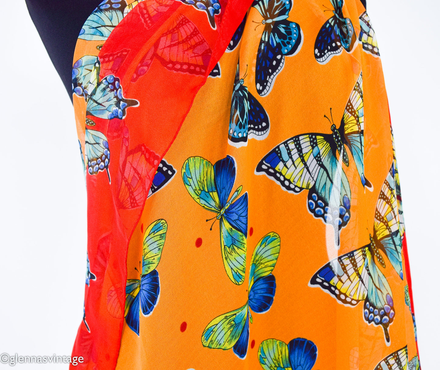 1980s Butterfly Chiffon Scarf | 80s Orange & Red Sheer Butterfly Scarf | Butterfly Museum