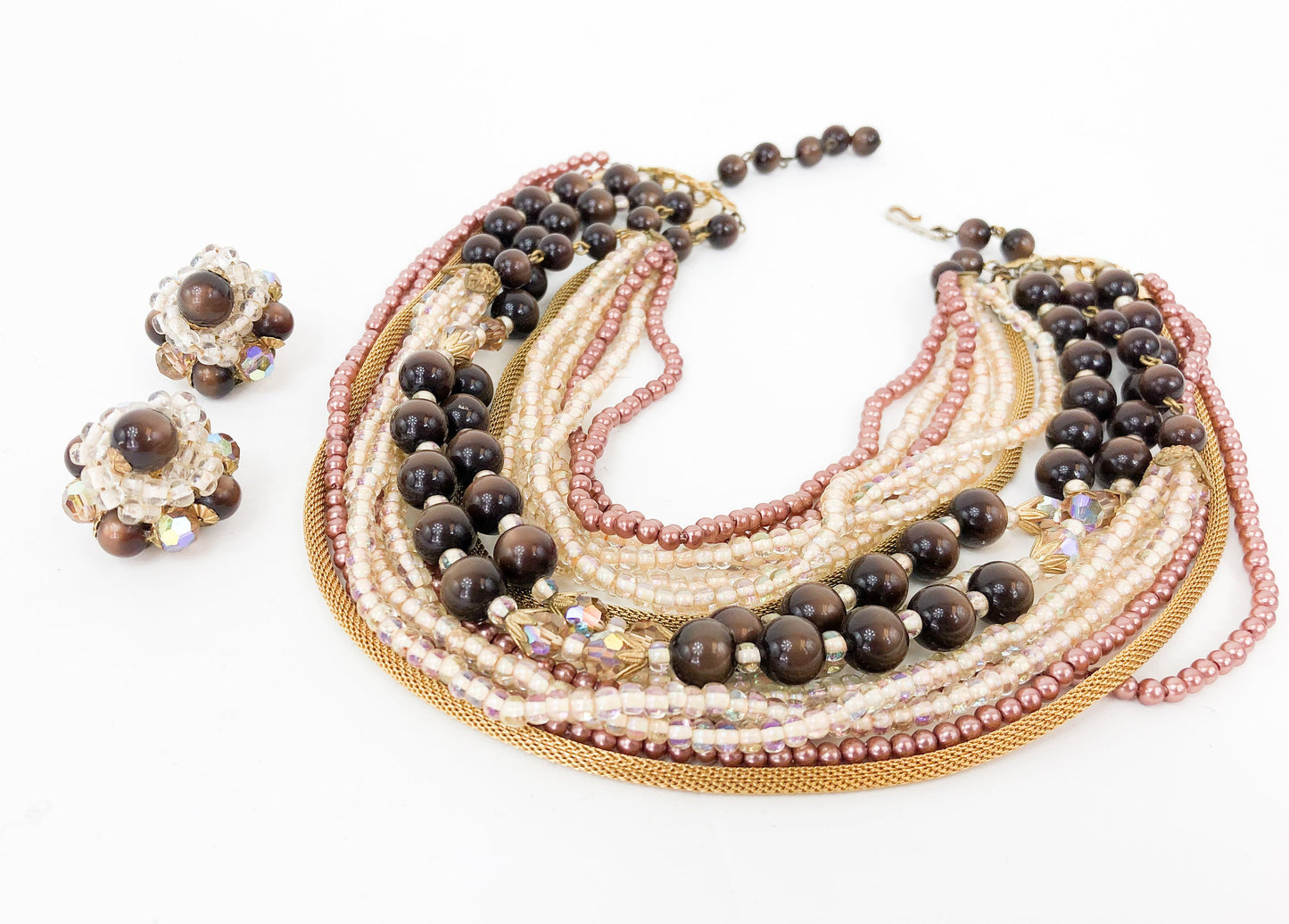 1950s Brown Evening Necklace & Earrings | 50s Gold Brown Multi-Strand Necklace Jewelry Set
