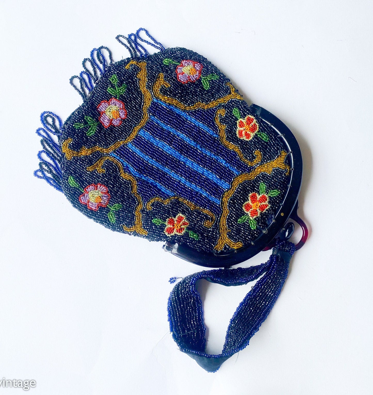1900s Antique Floral Beaded Handbag with Lucite Frame