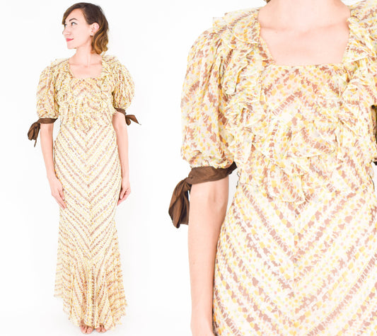 1930s Yellow Floral Print Organza Dress with Ruffle Trim, Small