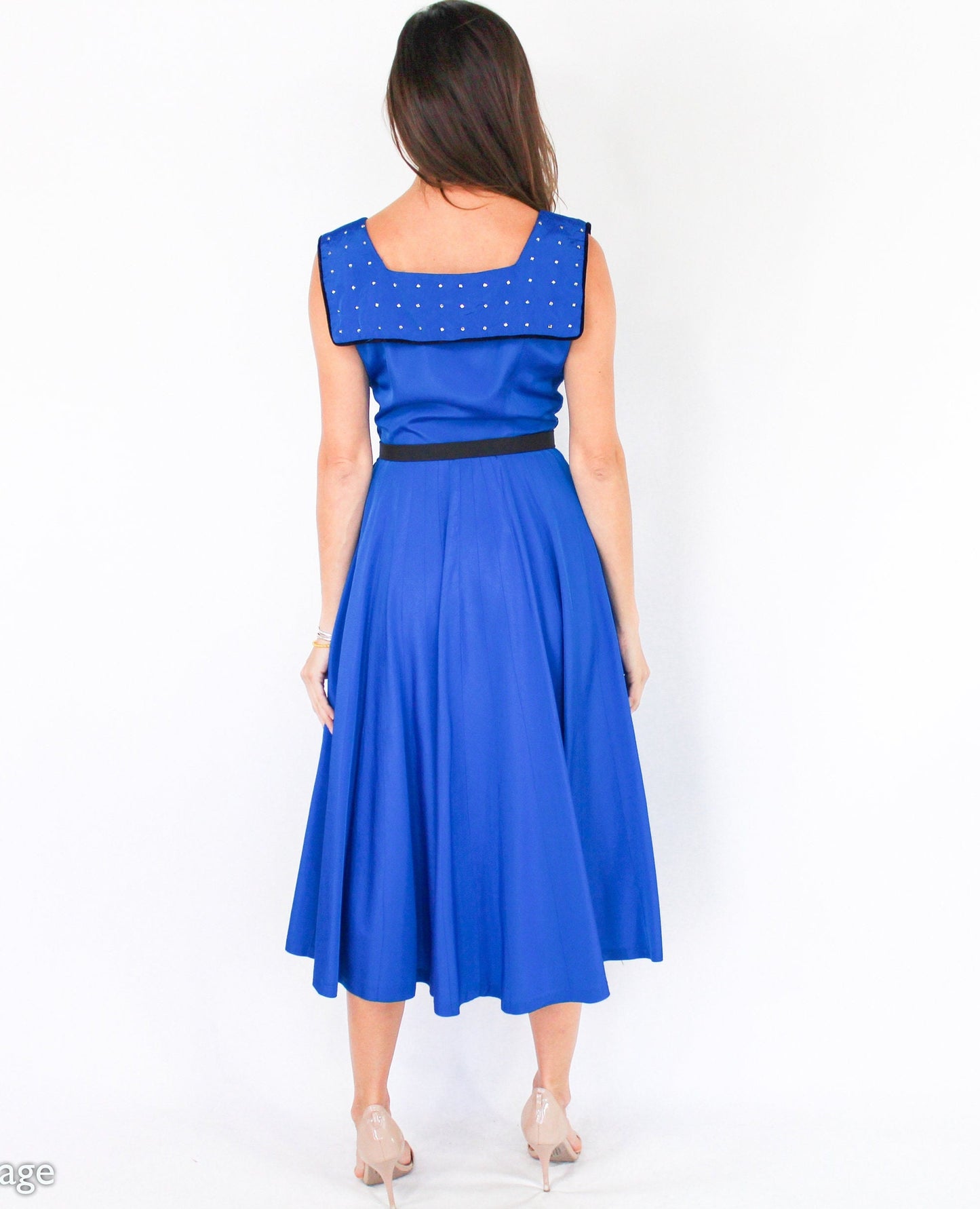 1940s Vintage Peacock Blue Taffeta Cocktail Dress with Rhinestone Collar, Small
