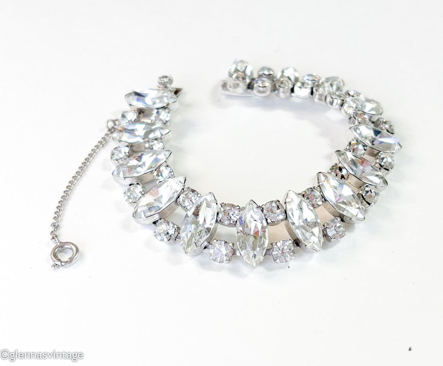 1960s Rhinestone & Silver Bracelet with Navette Crystals