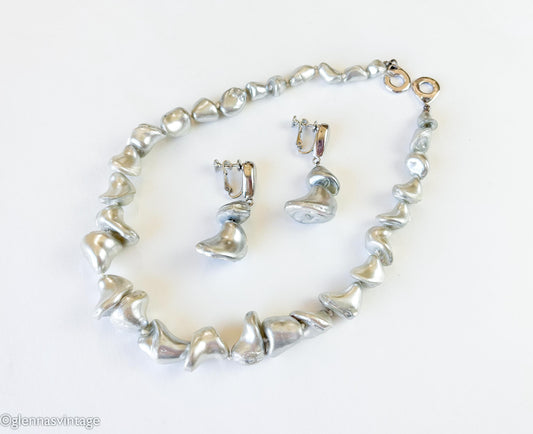 1950s Vintage Les Bernard Gray Faux Pearl Necklace and Earrings Set