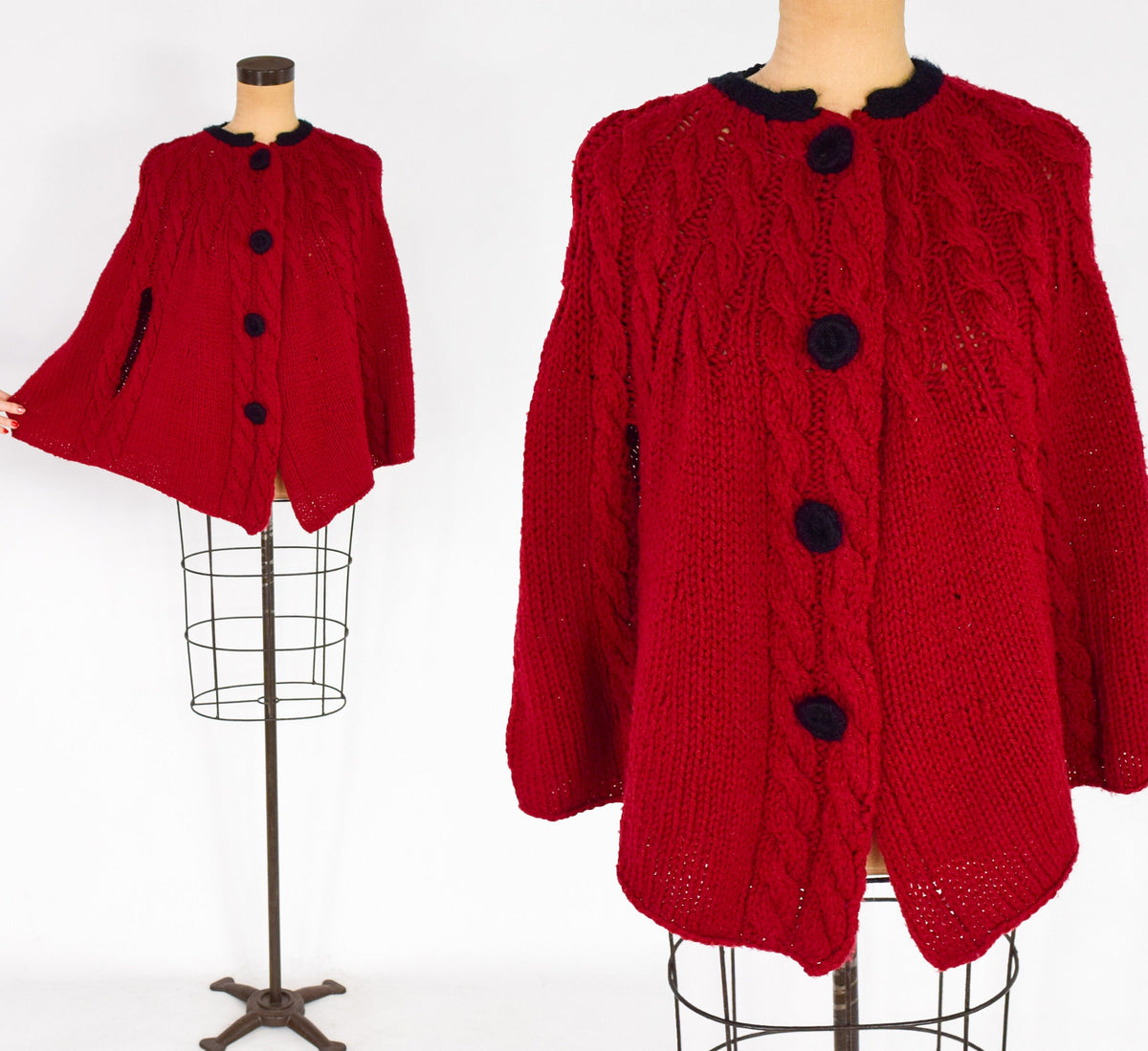 1970s Cranberry Red Sweater Cape, Medium