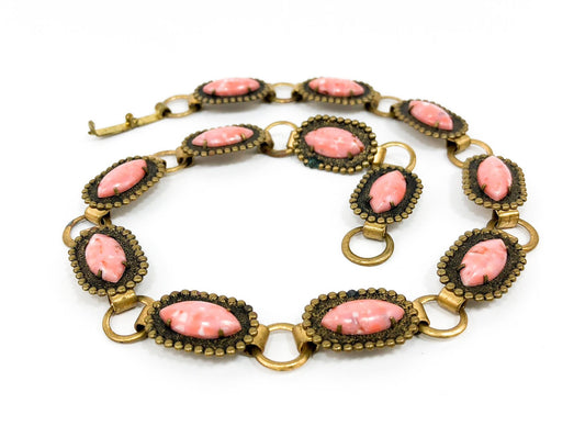 1940s Pink Choker Necklace | 40s Brass & Pink Plastic Link Necklace