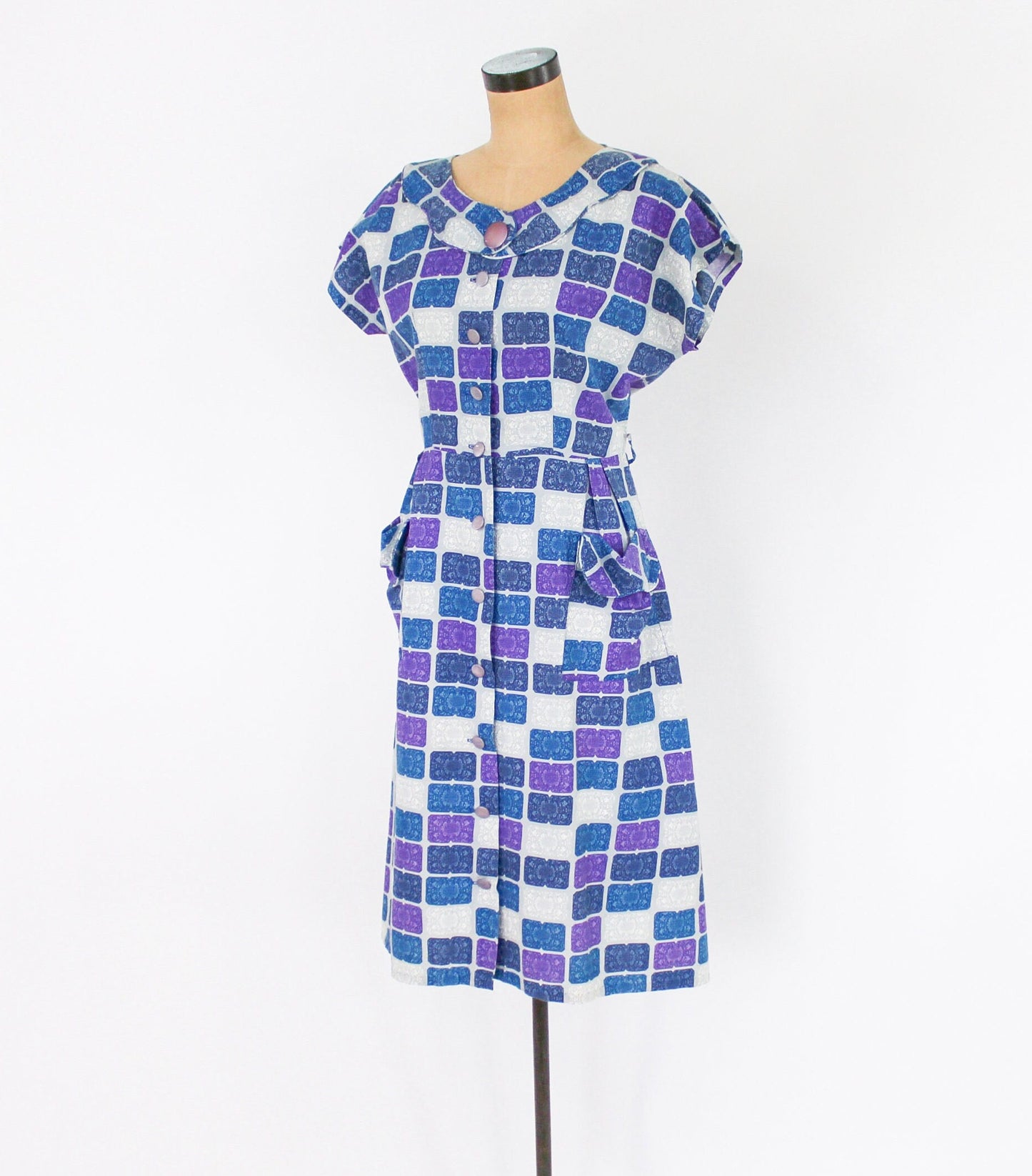 1950s Blue Purple Print Cotton Day Dress Rockabilly, Large