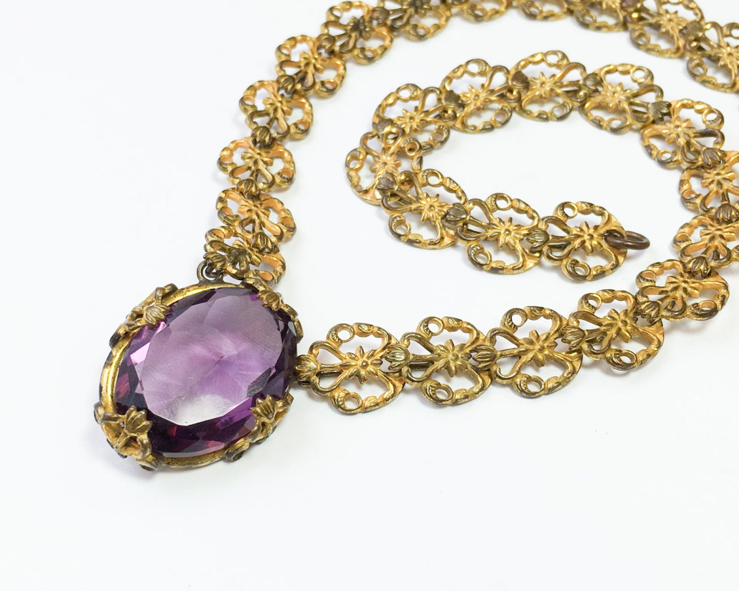 1930s Filigree Necklace | Gold & Purple Glass Pendant
