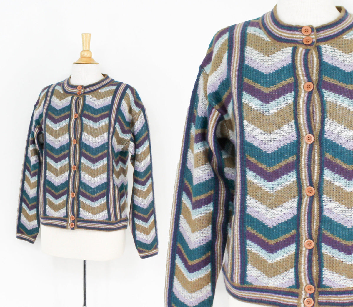 1960s Brown & Blue Chevron Cardigan Sweater, Medium