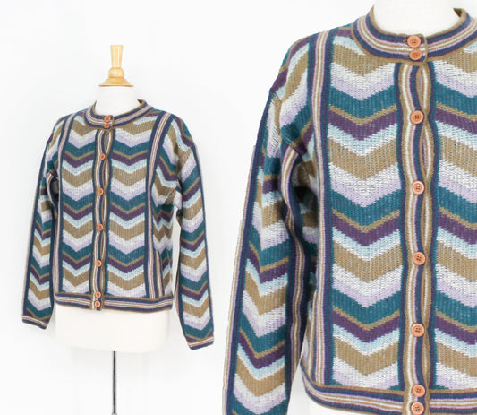 1960s Brown & Blue Chevron Cardigan Sweater, Medium