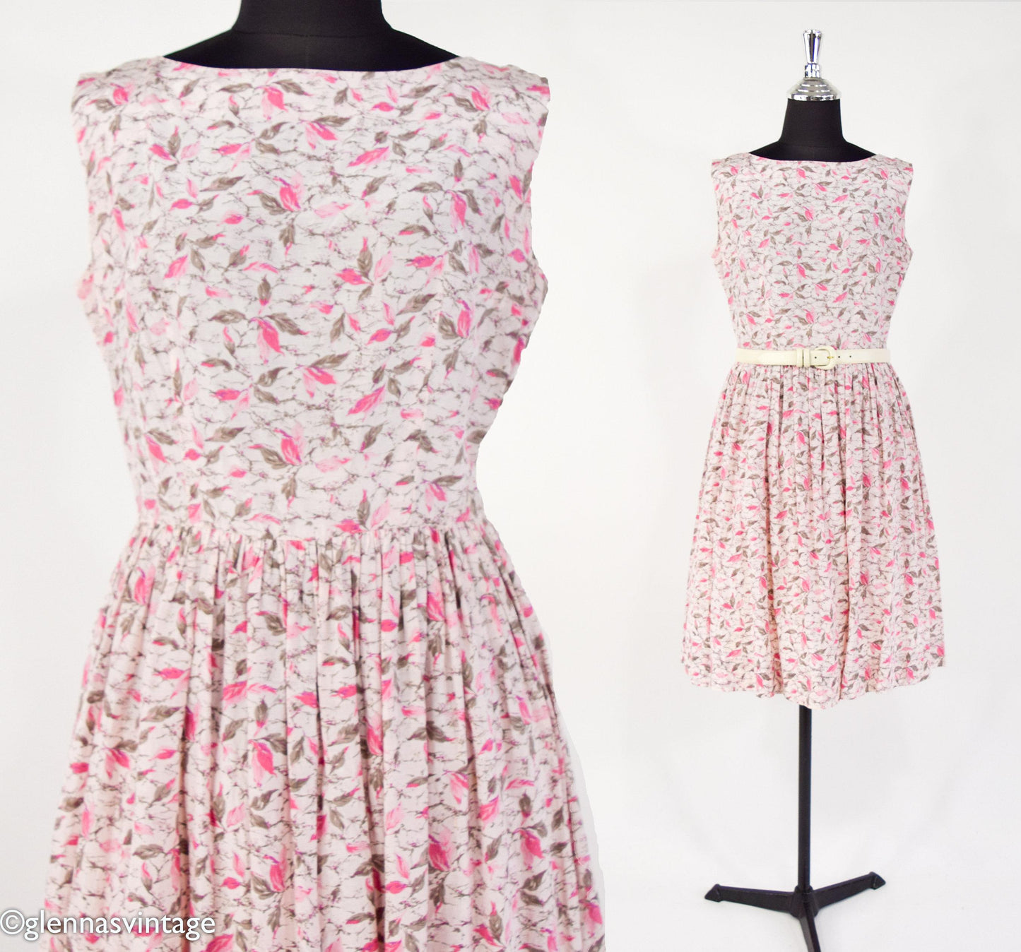 1950s Pink Floral Print Rayon Day Dress, Medium