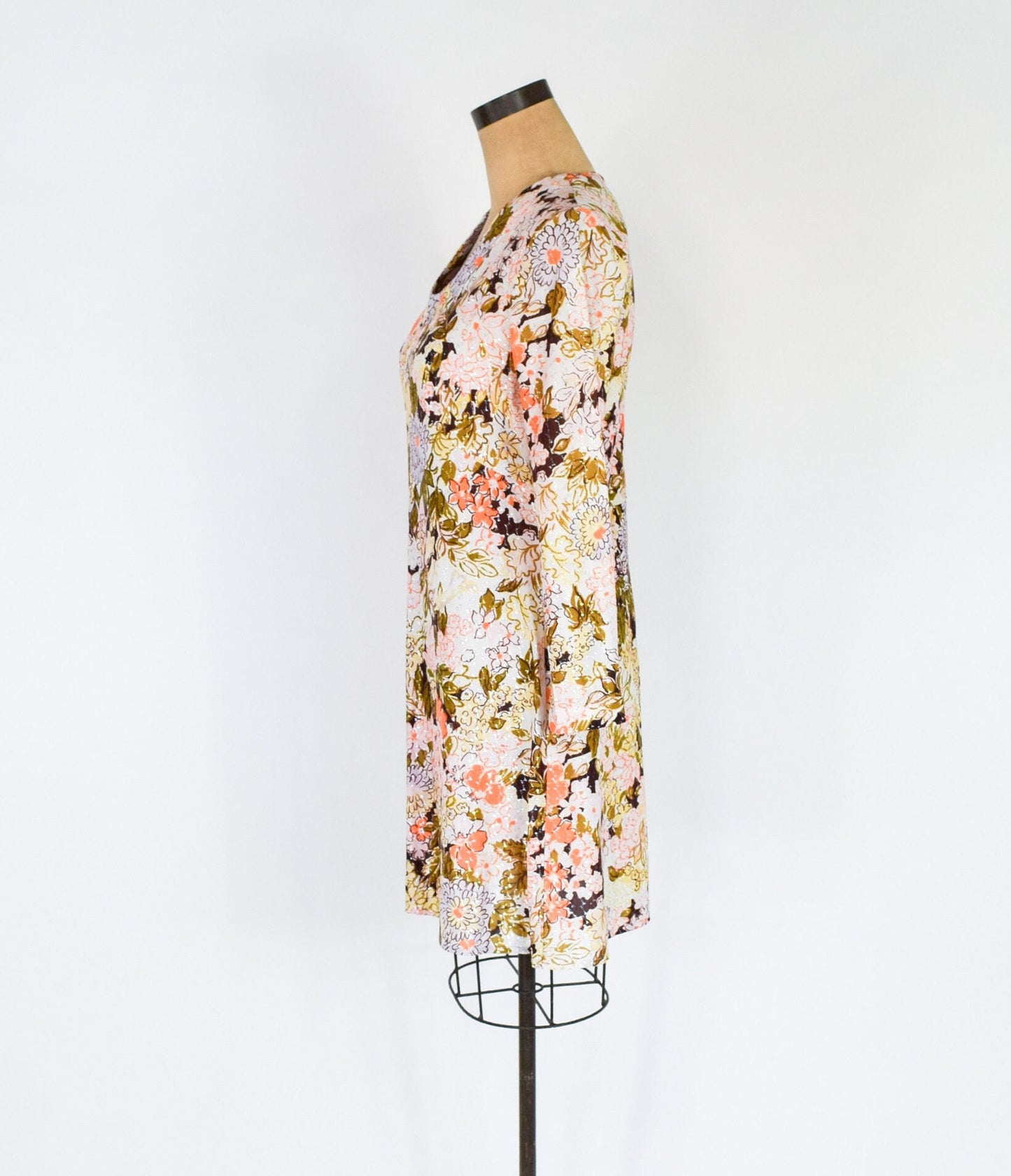1960s Orange Floral Mini Dress | 60s Metallic Floral Mini Dress | Sandy Lane | Medium