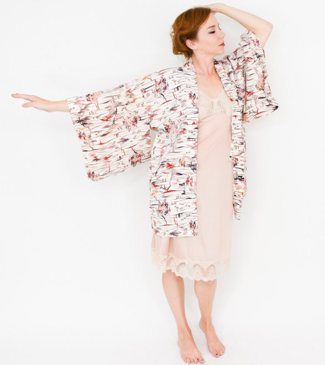 1950s Beige Print Haori Kimono Jacket