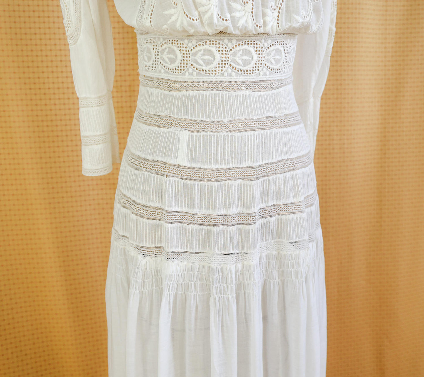 1880s Edwardian Lace Cotton Gown, Antique Walking Dress, Small