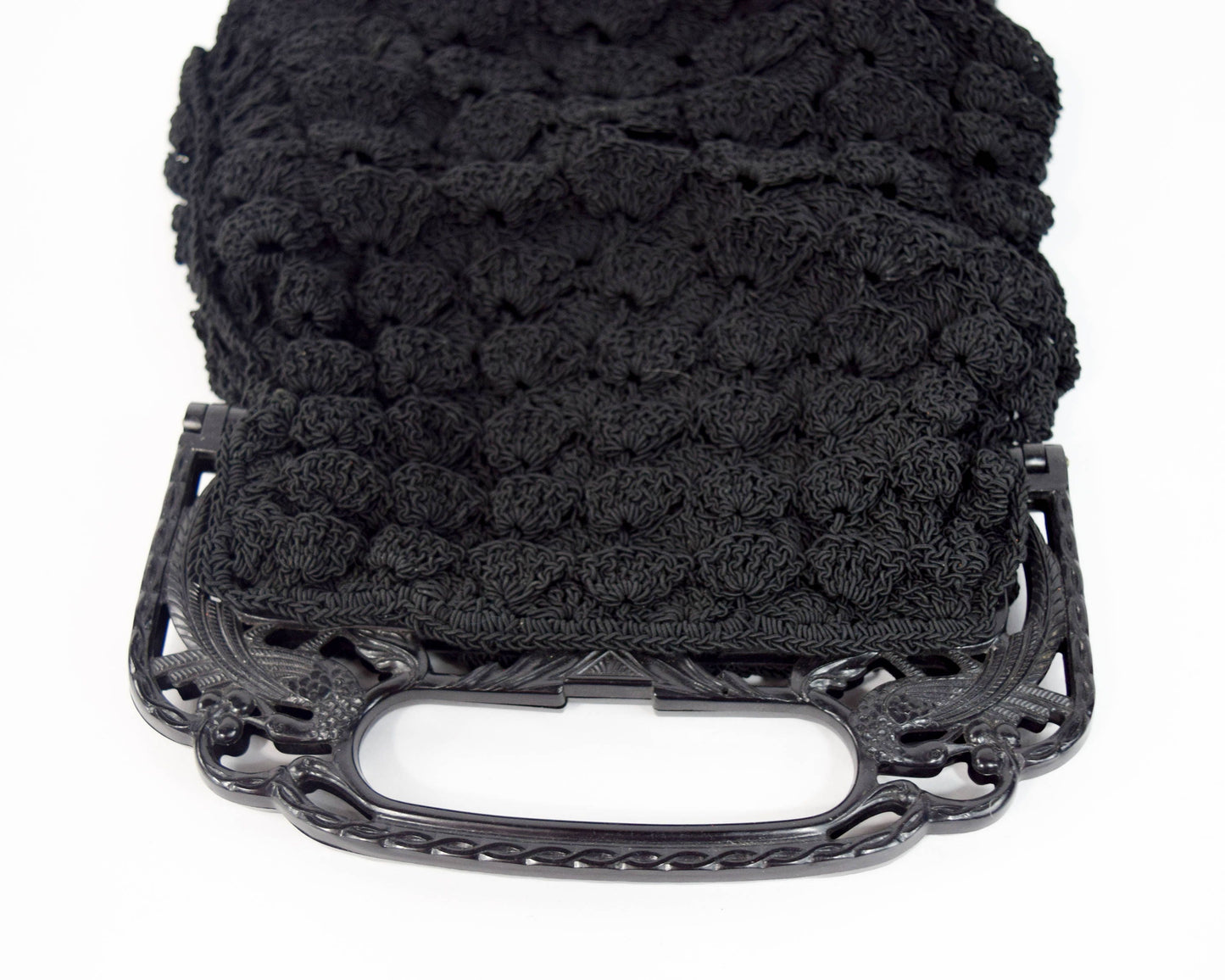 1940s Black Crochet Purse | Black Evening Bag | Carved Plastic Handle