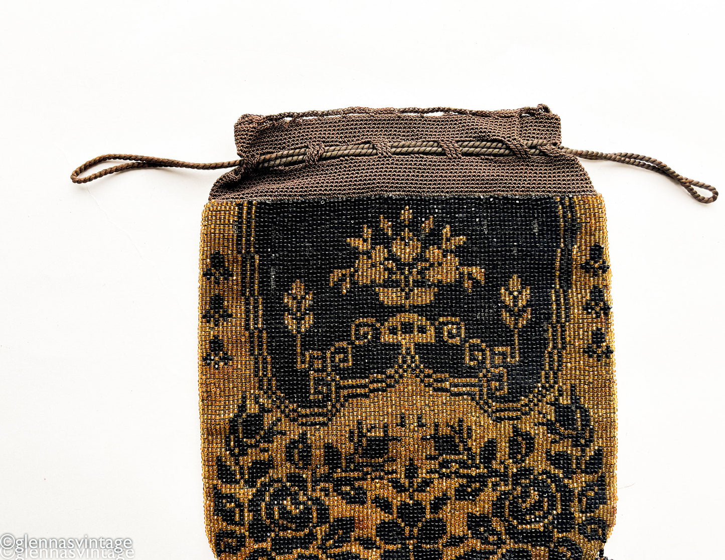 1900 Colorful Floral Beaded Purse | Brown & Black Beaded Bag