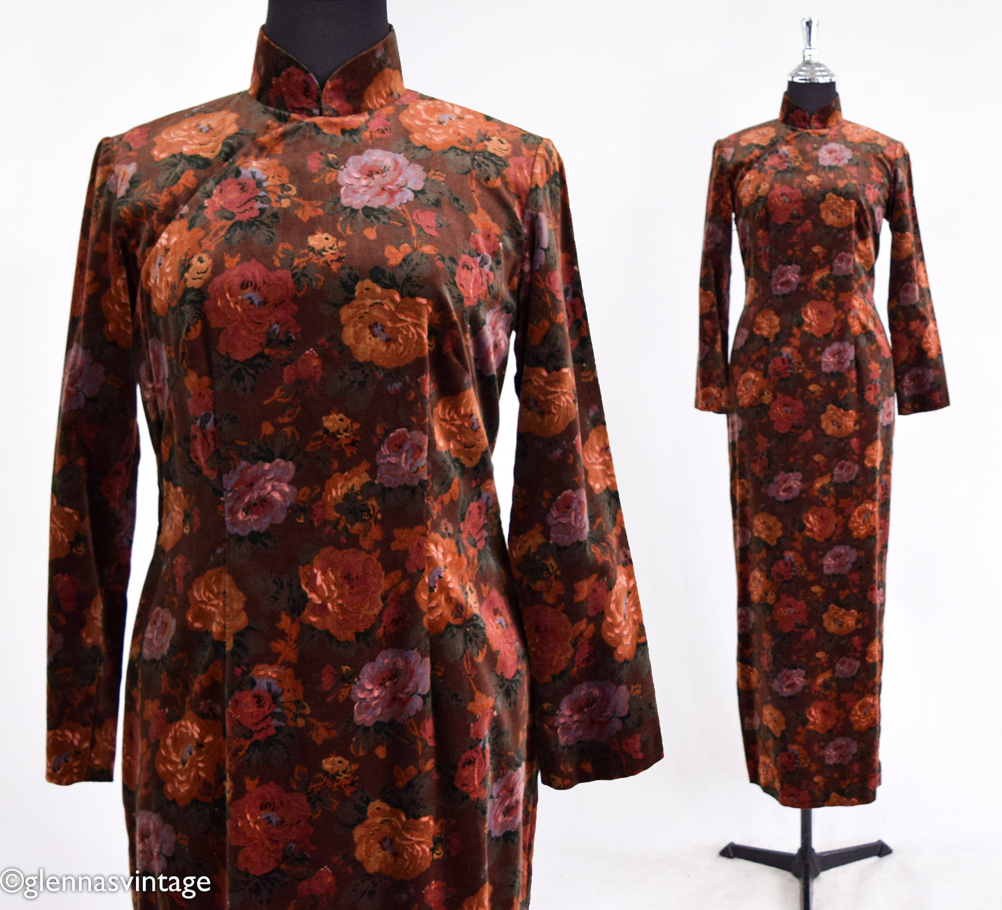 1950s Brown Floral Velvet Cheongsam Dress, Small