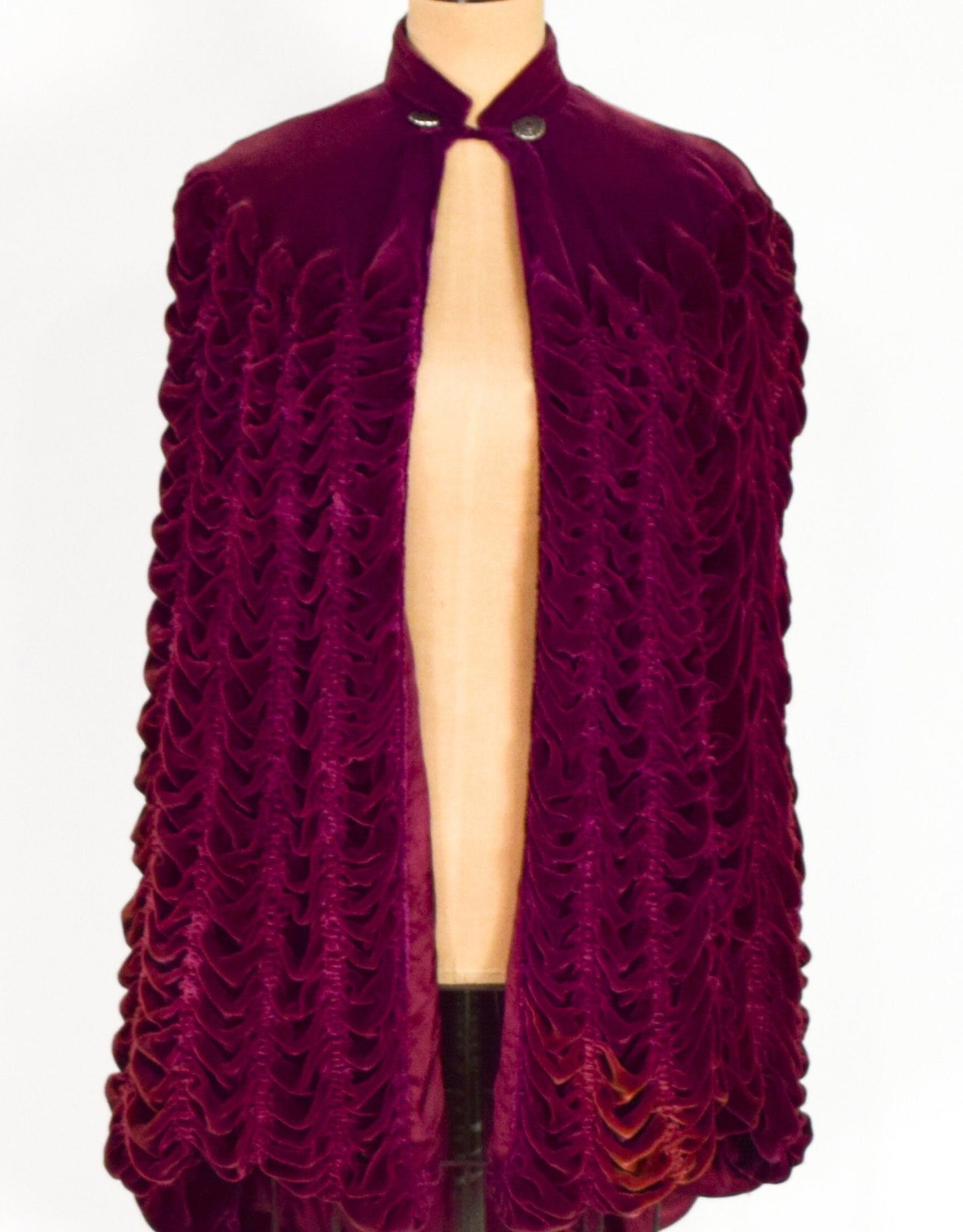 1900s Burgundy Silk Velvet Cape, One Size