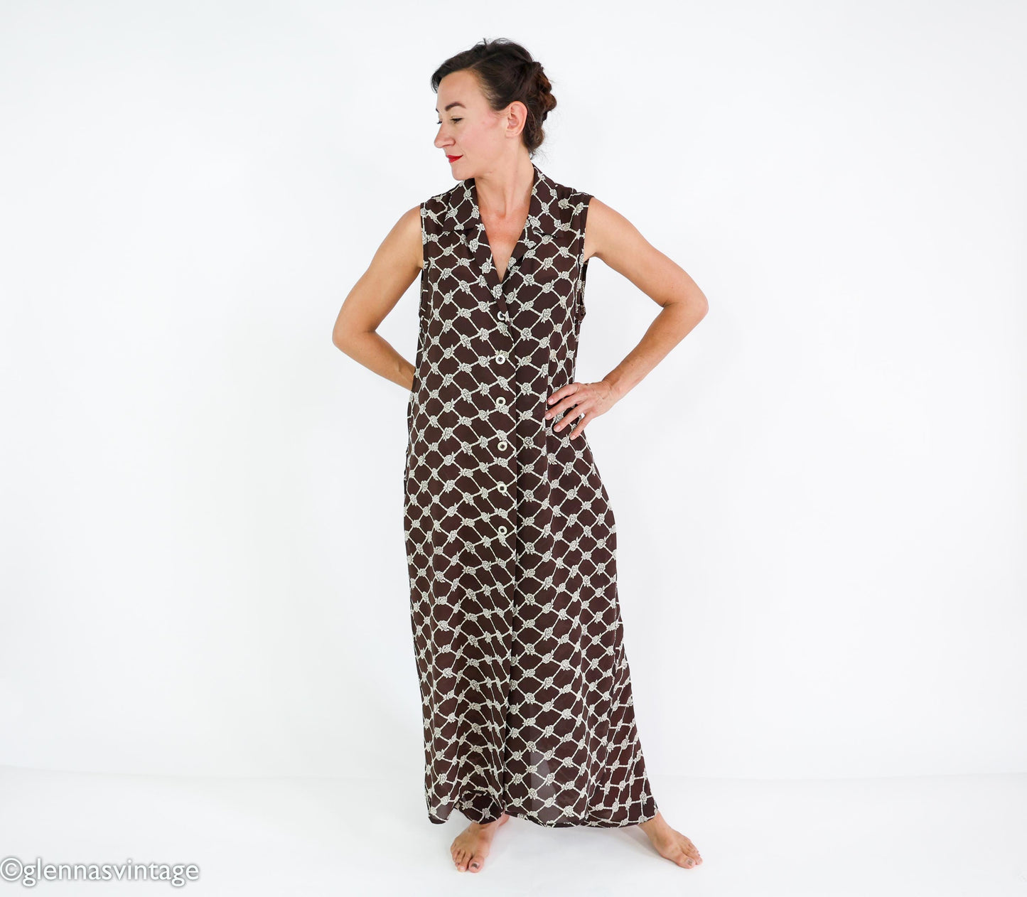 1990s Brown Print Dress & Pants | Sleeveless Dress Pant Set, Large