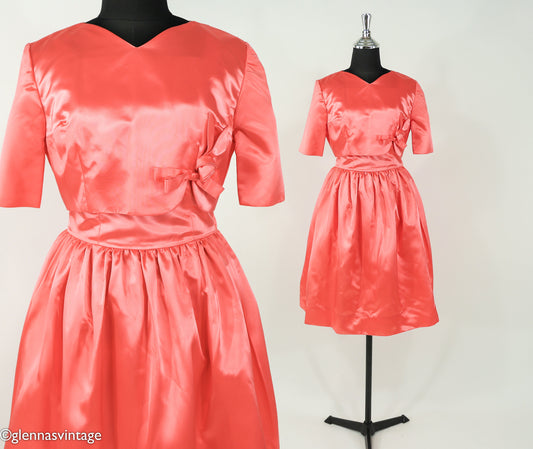 1950s Coral Satin Party Dress Set with Jacket, Extra Small