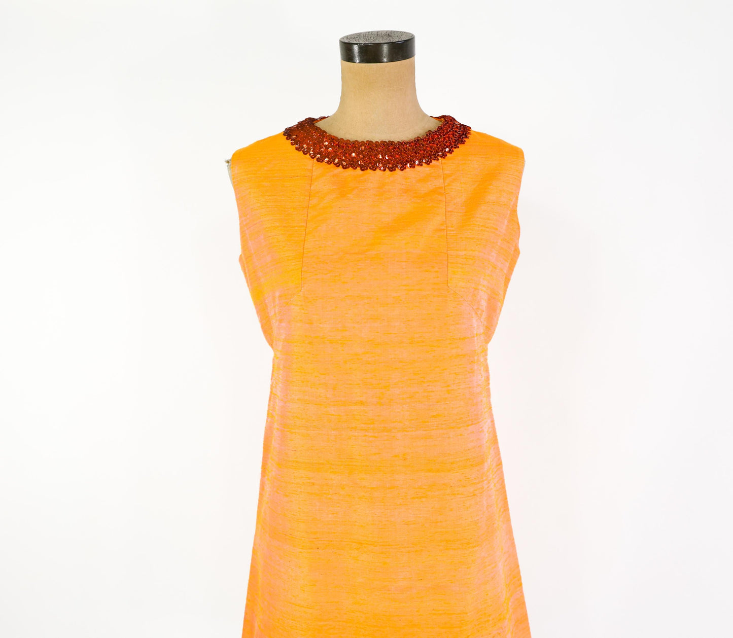 1960s Orange Silk Shift Dress | Sequin Collar, Medium
