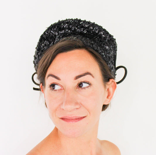 1940s Black Sequin Hat, Black Wool Felt Fascinator