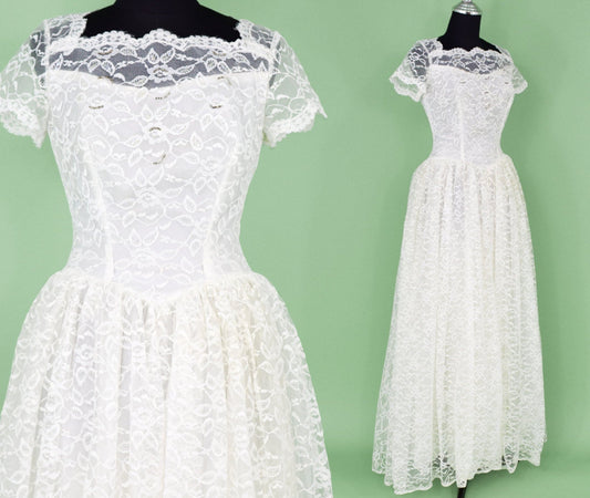 1950s White Lace Wedding Gown in Tulle & Taffeta, Extra Small