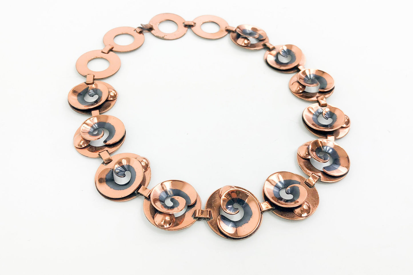 1950s Copper Necklace | 50s Copper Circle Choker | Copper & Black Swirls Necklace