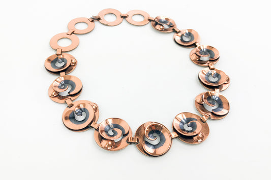 1950s Copper Necklace | 50s Copper Circle Choker | Copper & Black Swirls Necklace