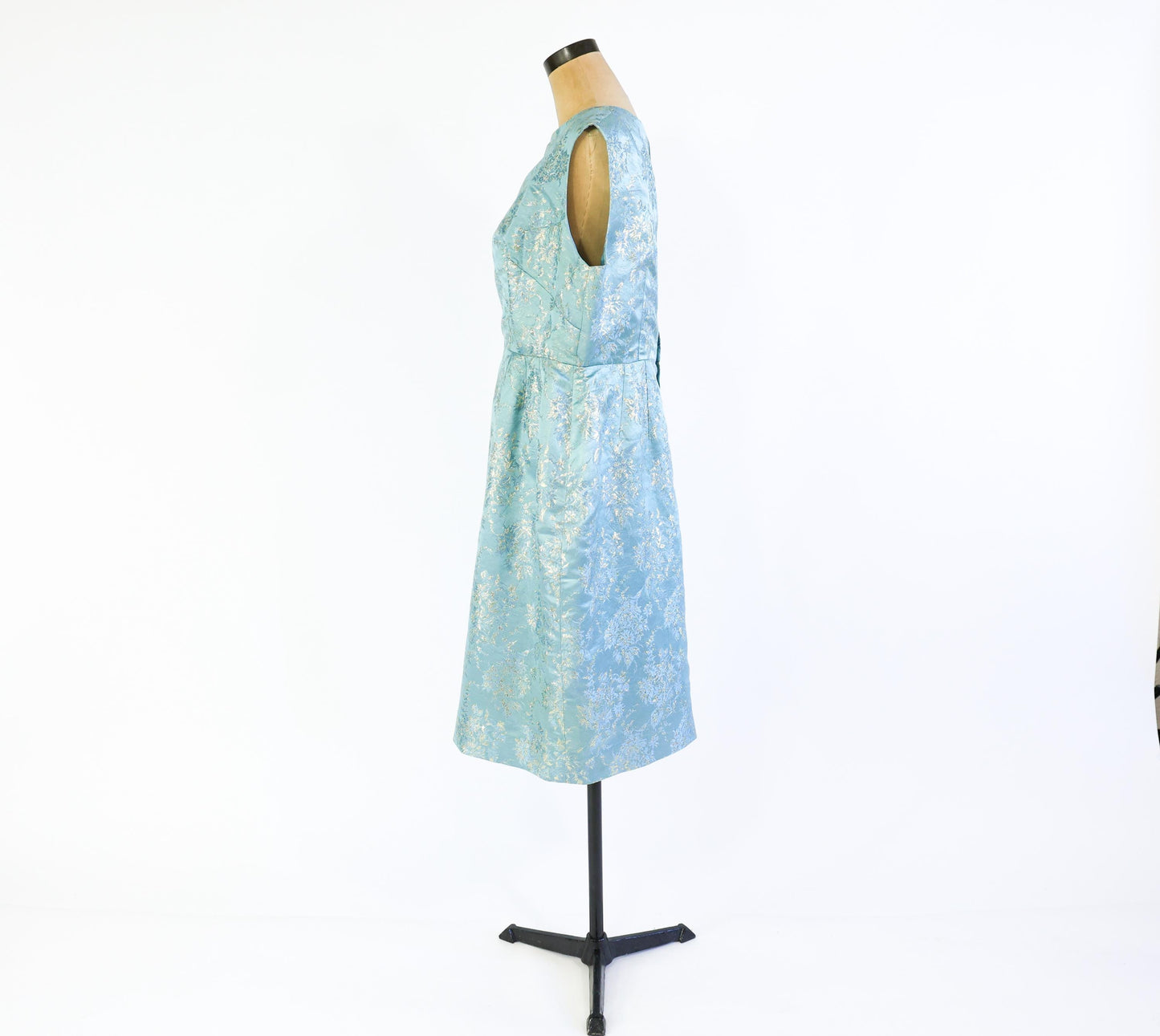 1950s Blue Metallic Jacquard Party Dress, 35" Waist