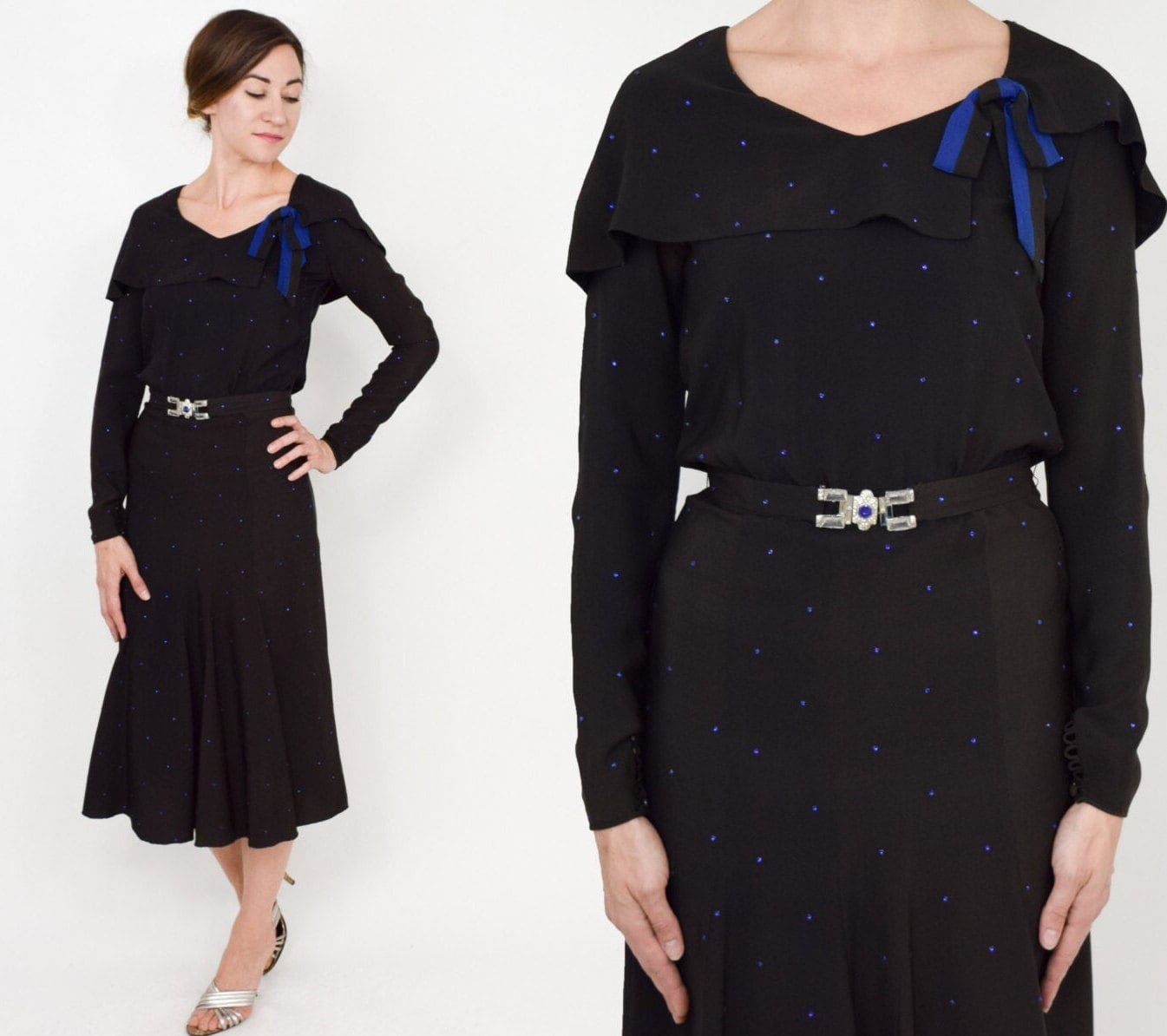 1930s Black Silk Crepe Dress with Rhinestone Collar, Small