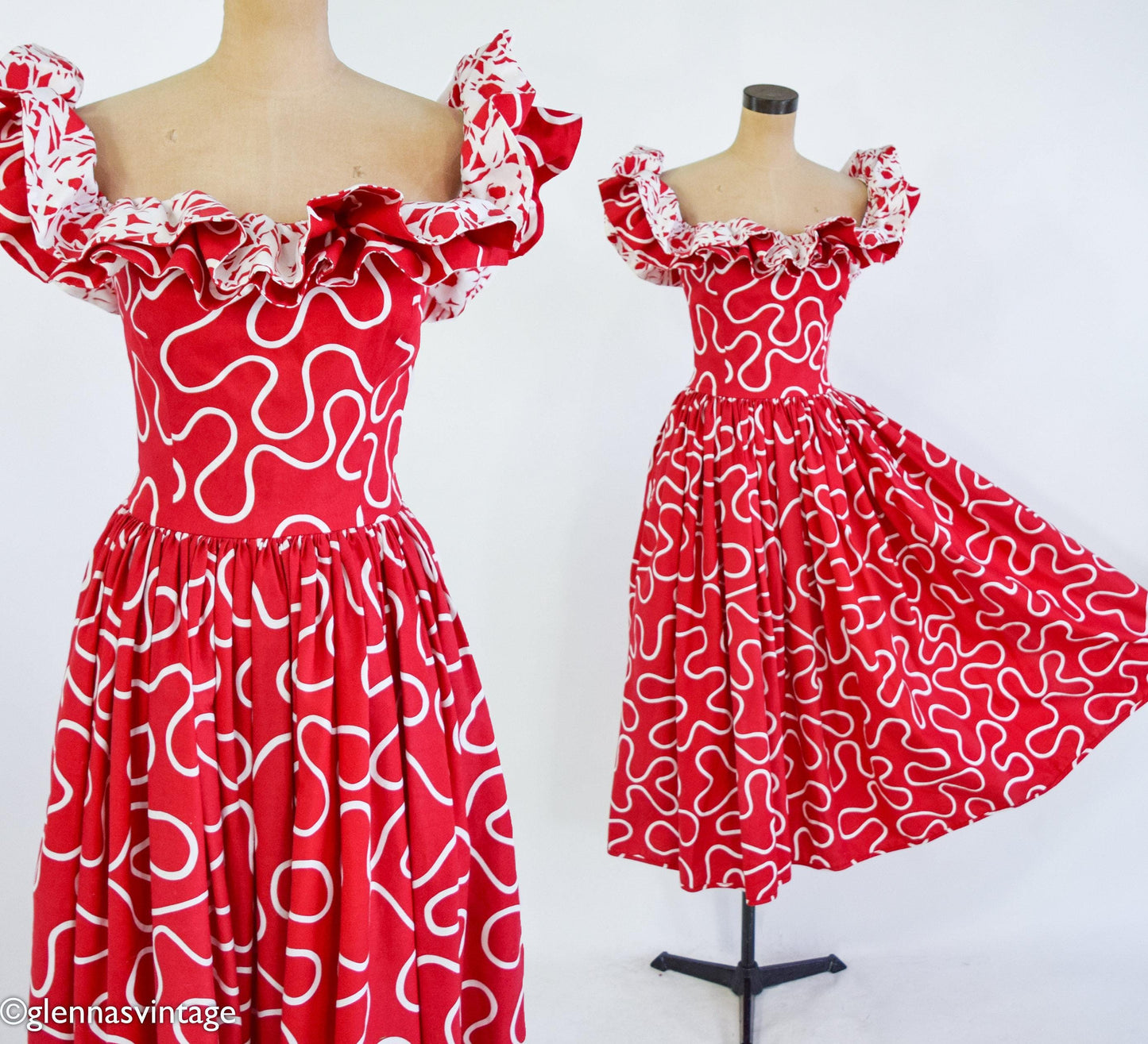 1980s Red White Off Shoulder Dress | 80s Red Ruffle Cotton Party Dress | Barboglio-Christina-Jan | Medium